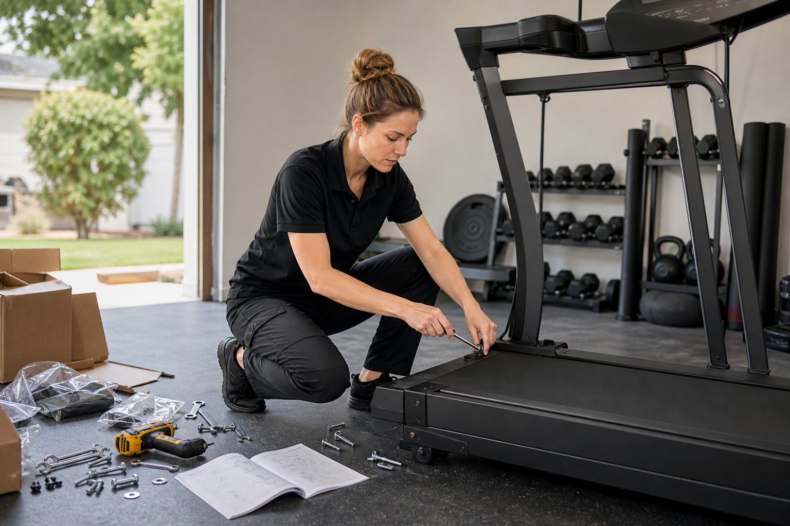 Professional assembling fitness equipment in a home garage