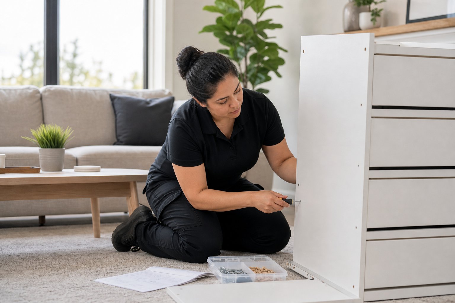 Professional assembling furniture in a living room