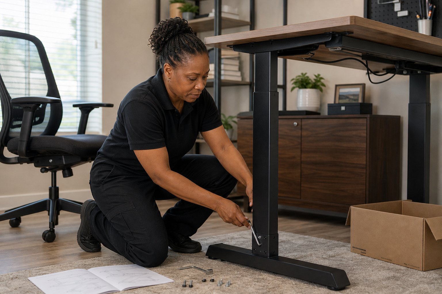 Professional assembling office furniture in a home office