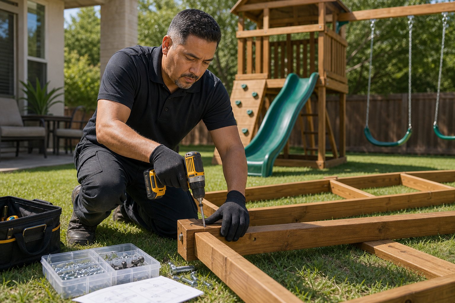 Professional assembling an outdoor playset in a backyard