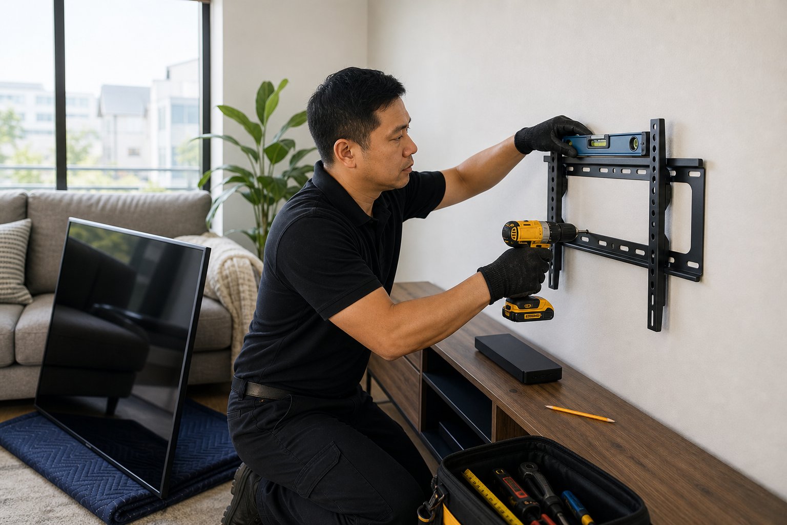 Professional measuring a TV wall bracket in a living room
